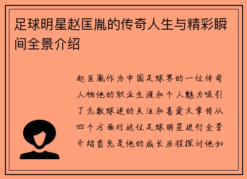 足球明星赵匡胤的传奇人生与精彩瞬间全景介绍